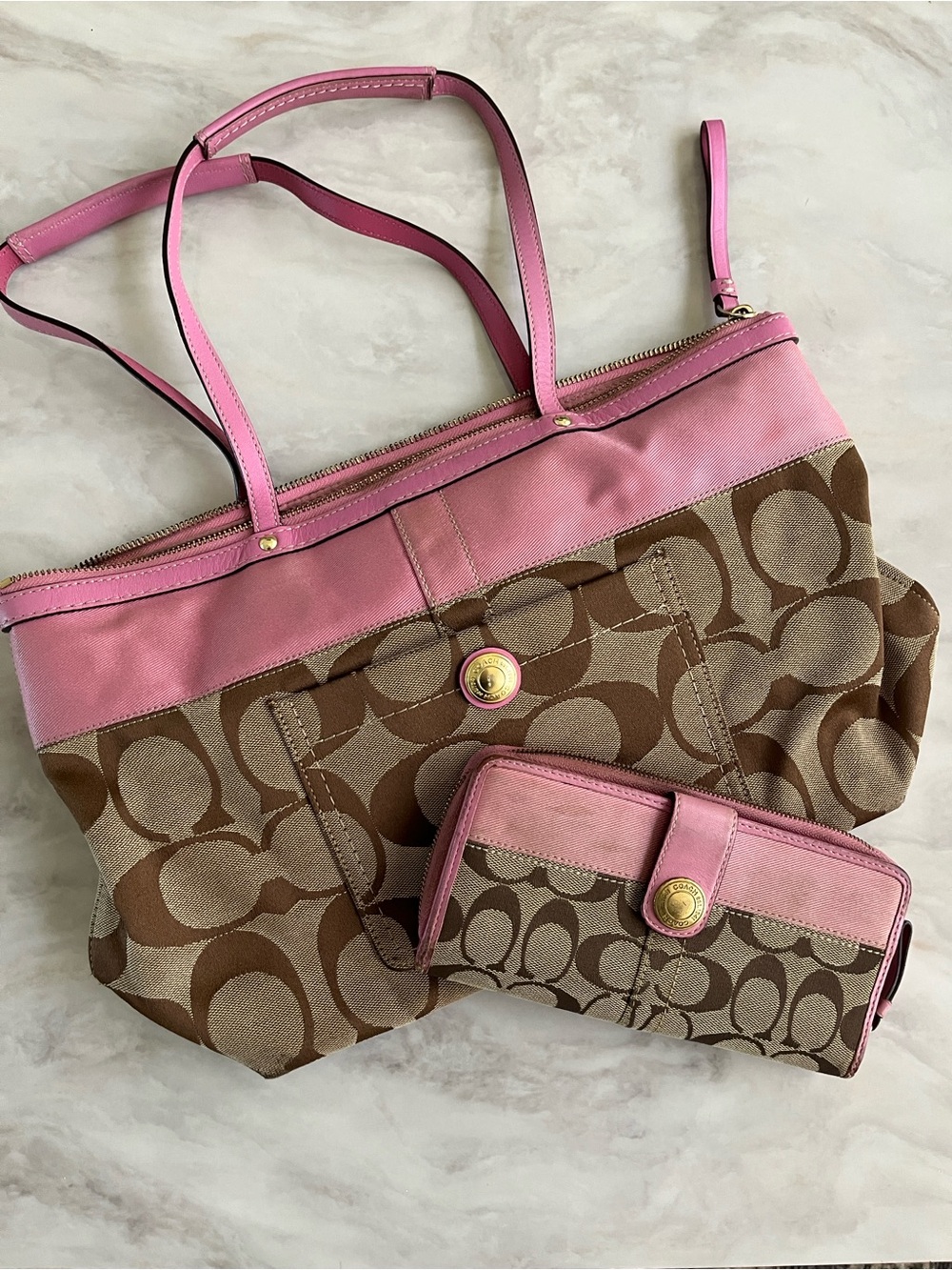 Coach Brown Signature Canvas Tote with Pink Trim and Matching Wallet